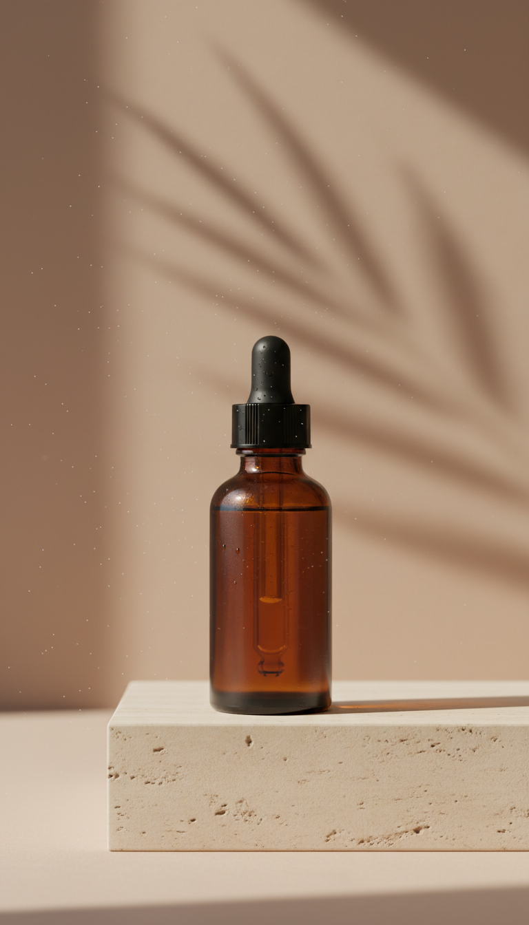 Skincare editorial: amber-glass serum bottle on a travertine plinth with warm raking morning light
