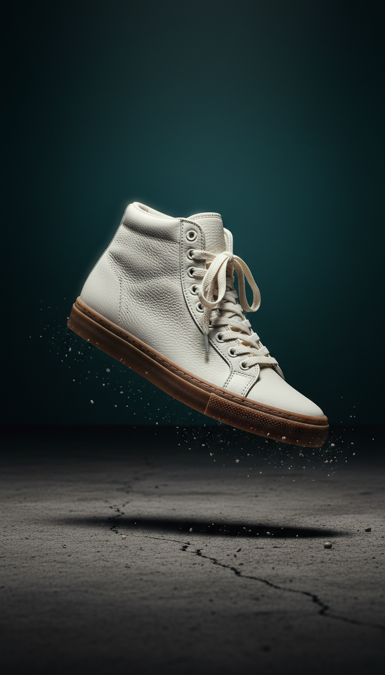 Sneaker editorial: an unbranded premium high-top floating above cracked concrete with dramatic rim light