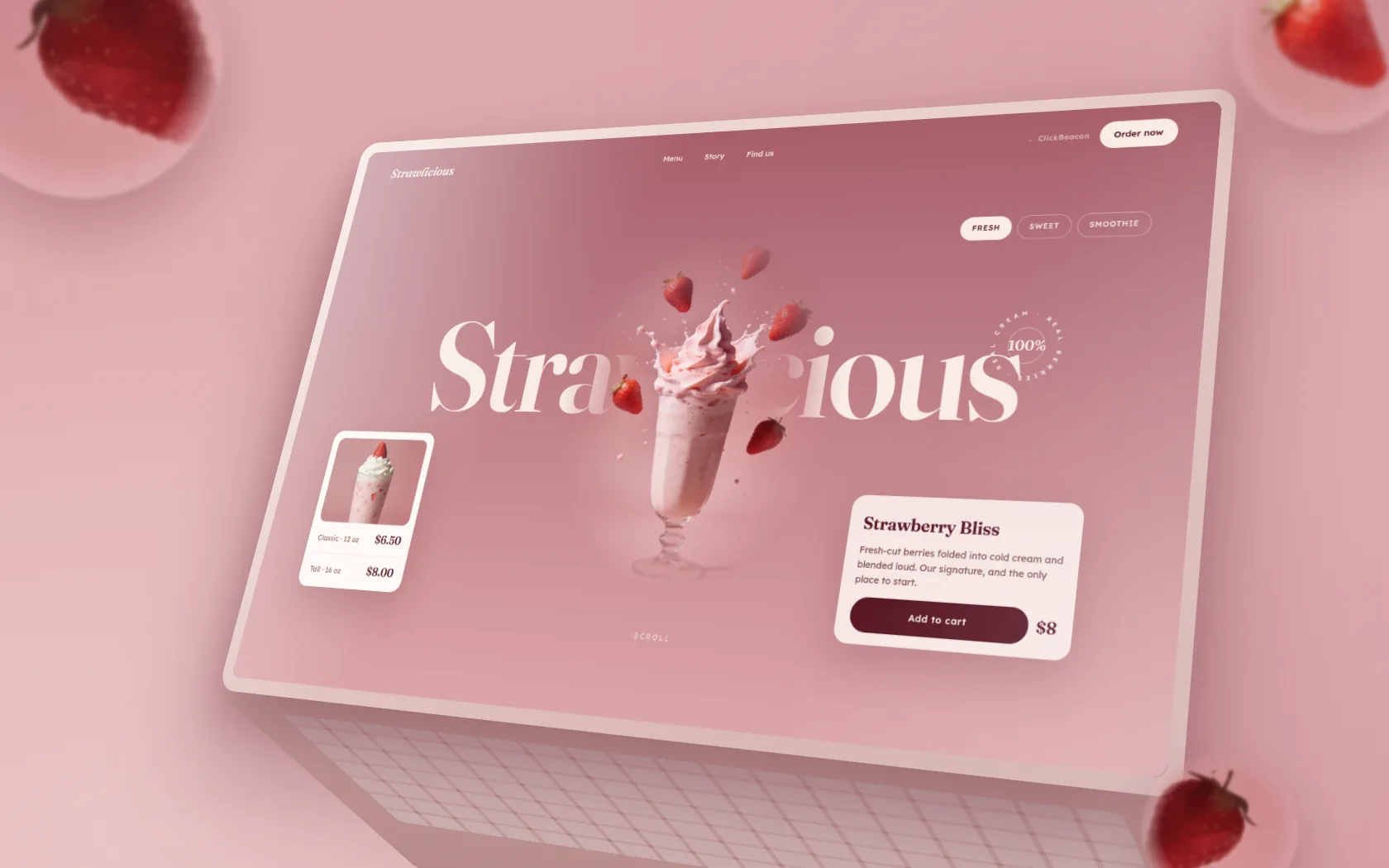 STRAWLICIOUS one-page site shown on an angled laptop, strawberries floating around it