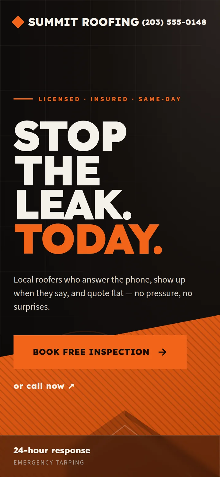 The same roofing page on mobile