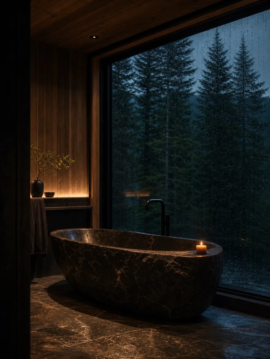 The soaking bath: a carved stone tub beside a forest window with a single candle