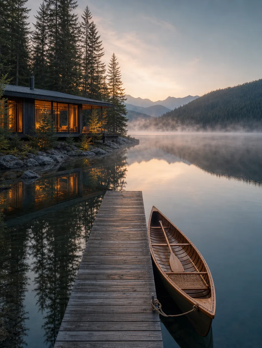 The private cedar dock with a canoe on still water at dawn