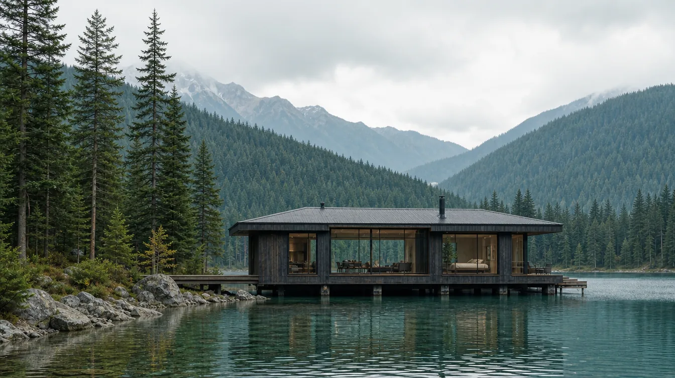 Wide daytime view of the cabin and its shoreline among the pines