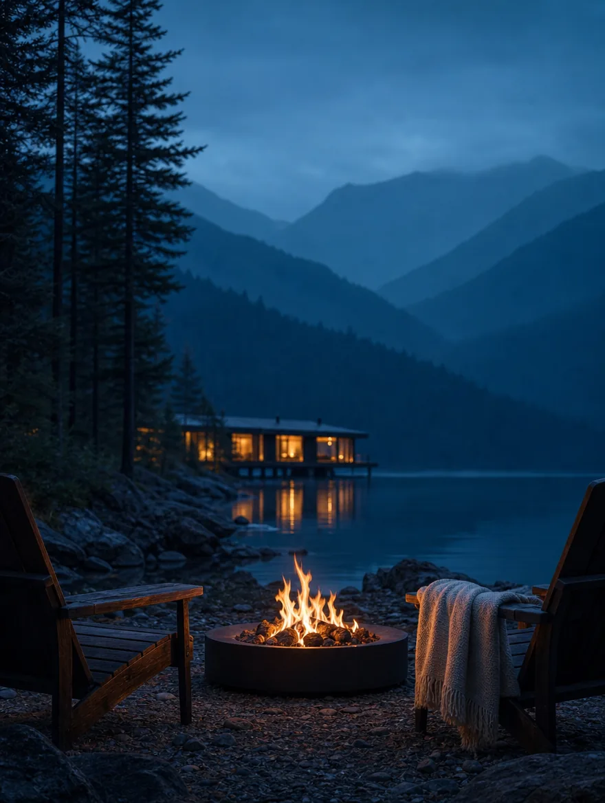 The lakeside fire pit with two chairs and a wool blanket, mountains fading to blue