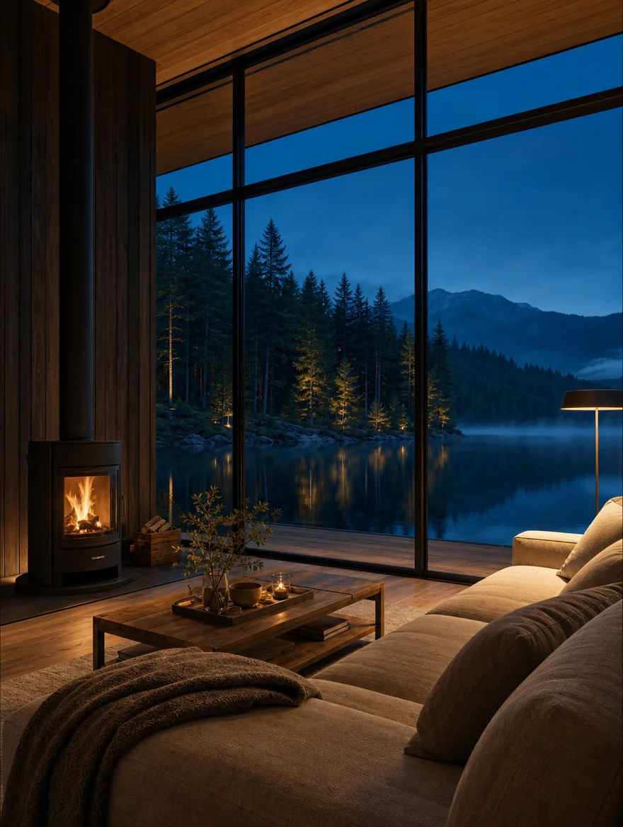 The great room: a double-height wall of glass over the water, wood stove, and low linen sofa in evening lamplight