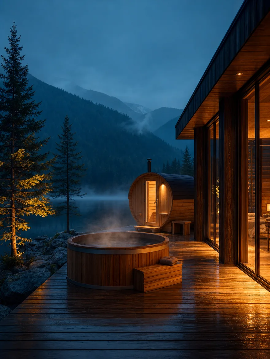 A cedar hot tub steaming on the deck at dusk beside the barrel sauna, fog rolling in