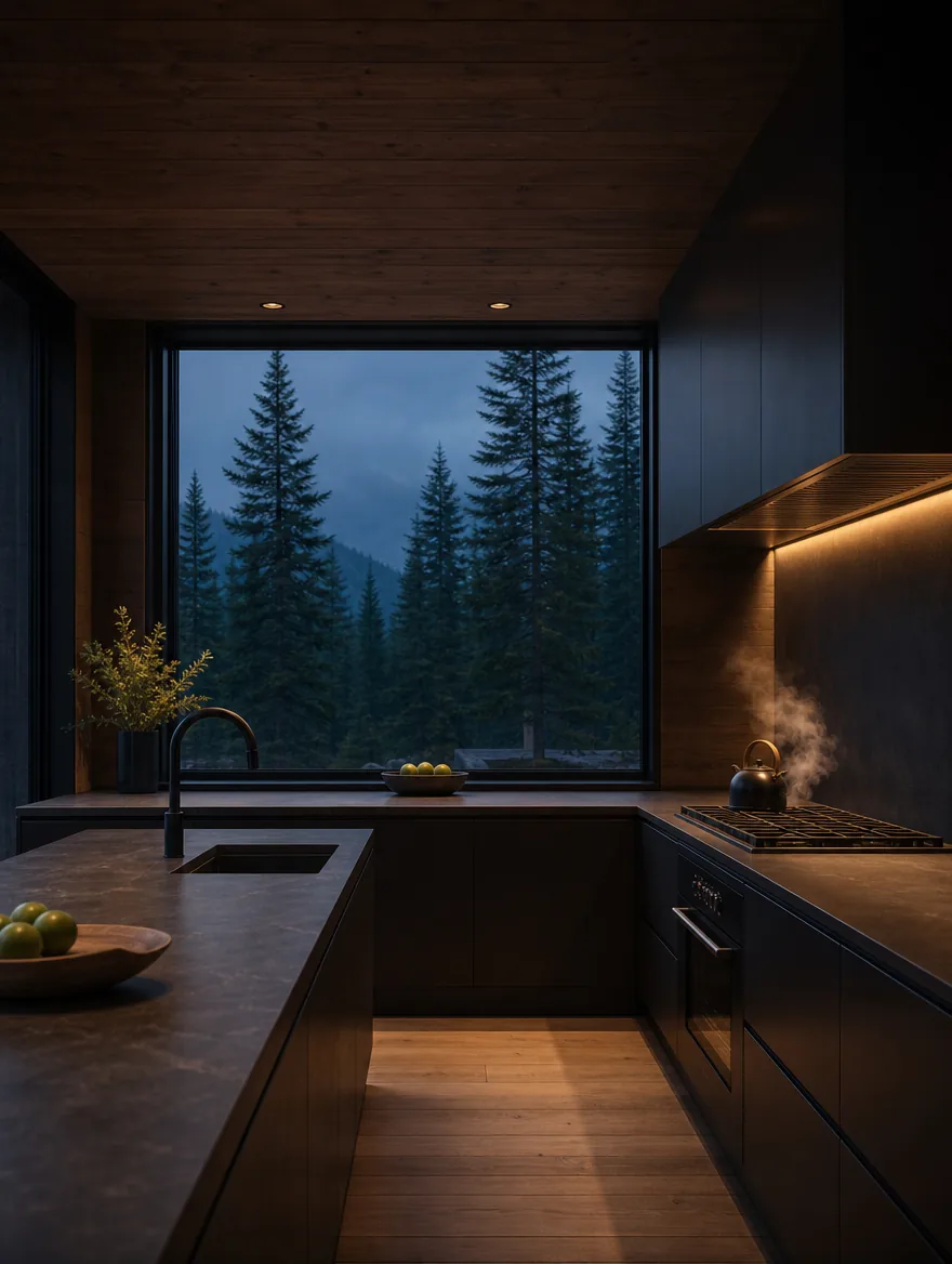 The kitchen: matte-black cabinetry and a soapstone island, with a window framing the pines