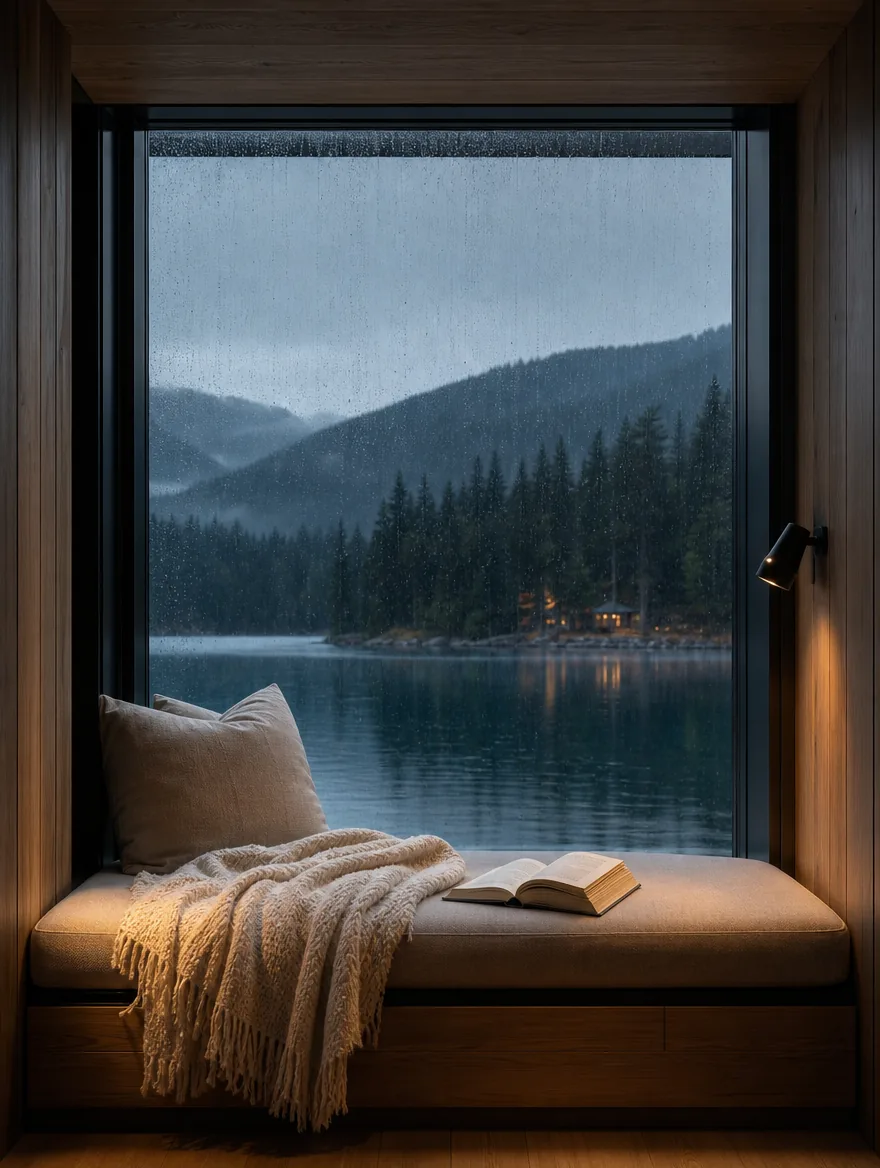 The reading nook: a built-in window seat with a wool throw and a book, rain on the pane