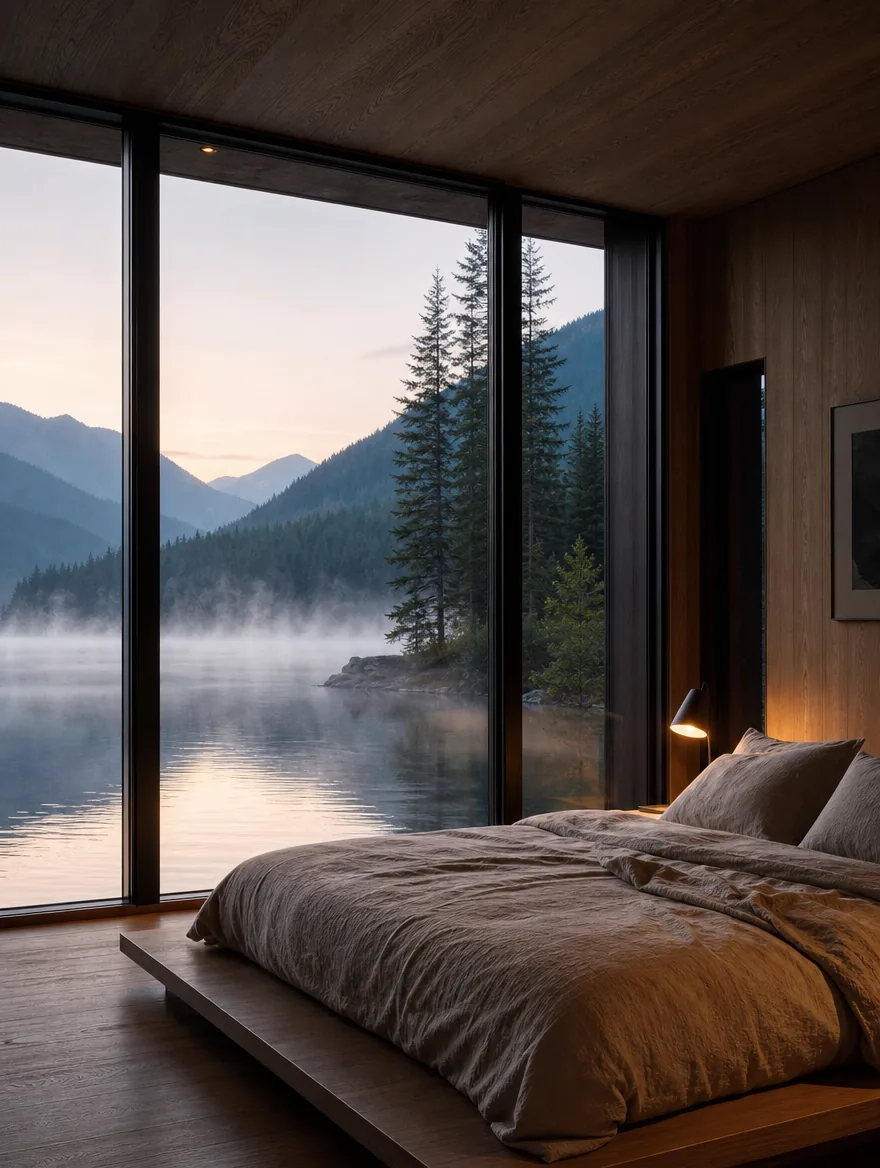 The primary suite: a low linen bed against the glass, fog lifting off the lake at first light