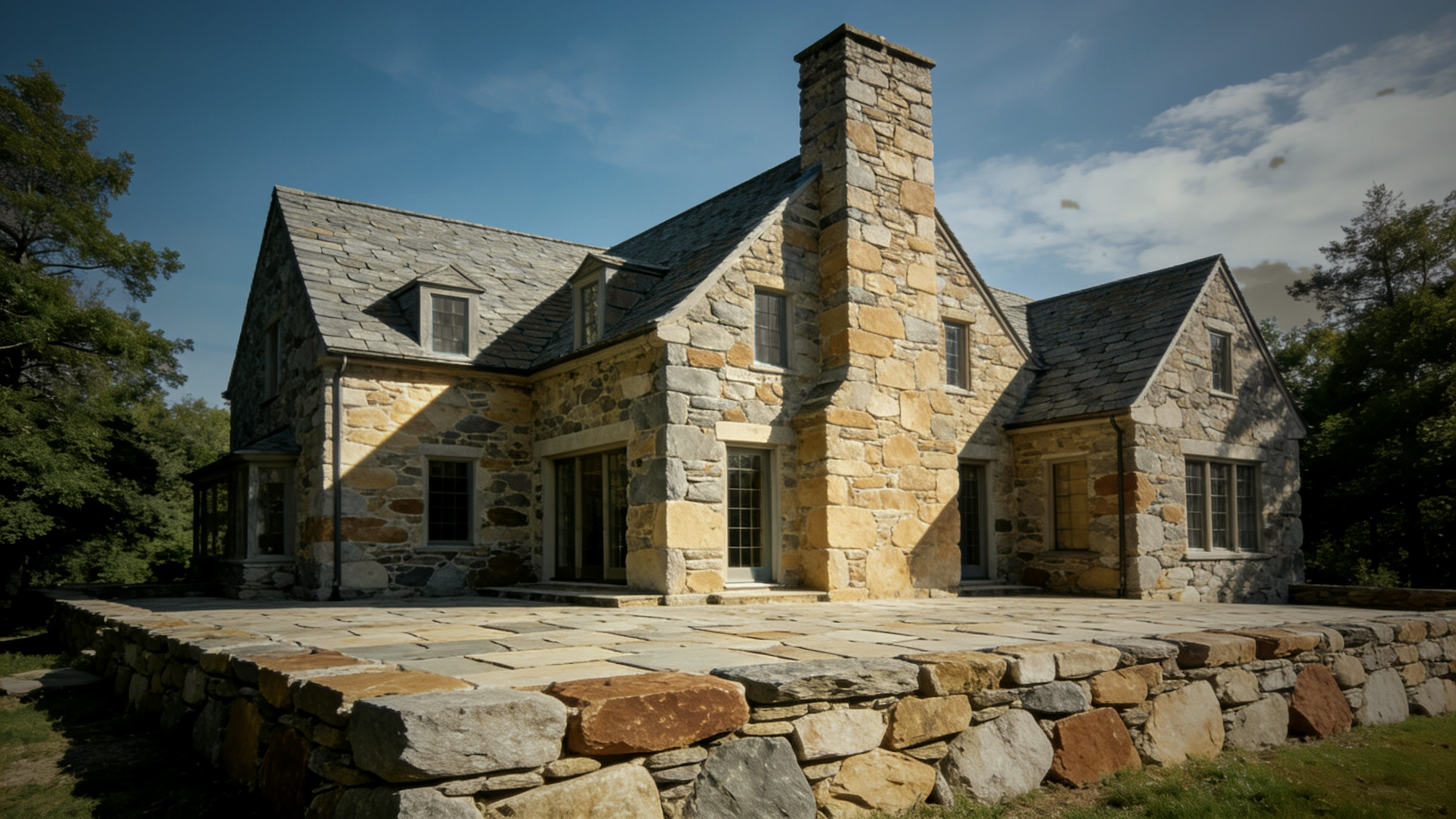 A fieldstone New England house in daylight above a flagstone terrace and drystone retaining wall
