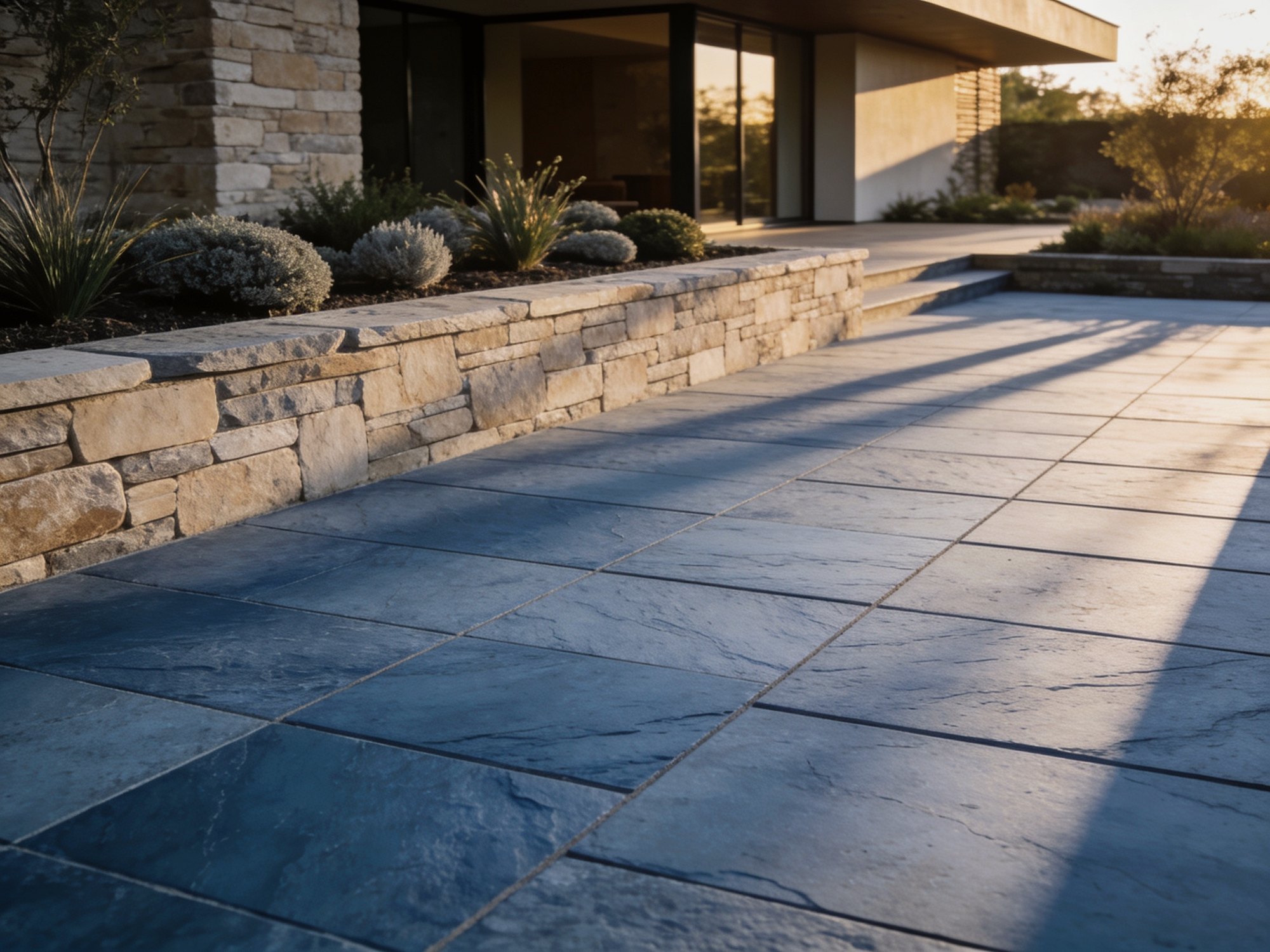 A contemporary bluestone path set between rendered garden walls