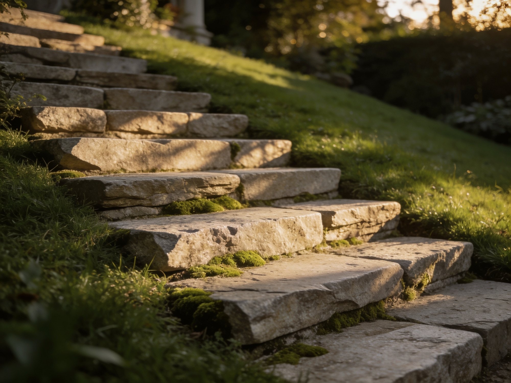 Reclaimed granite garden steps softened by moss