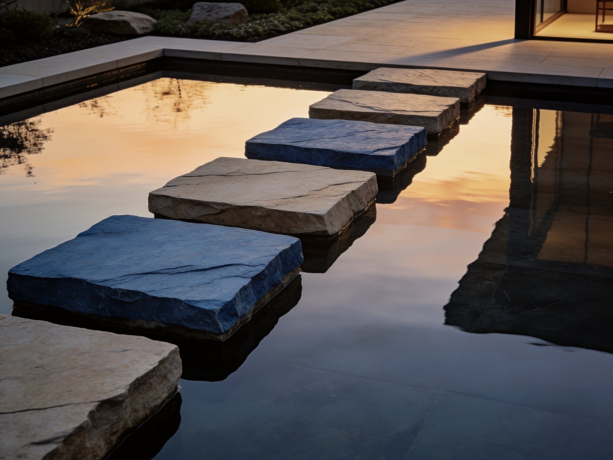 Bluestone stepping treads crossing a still garden pool