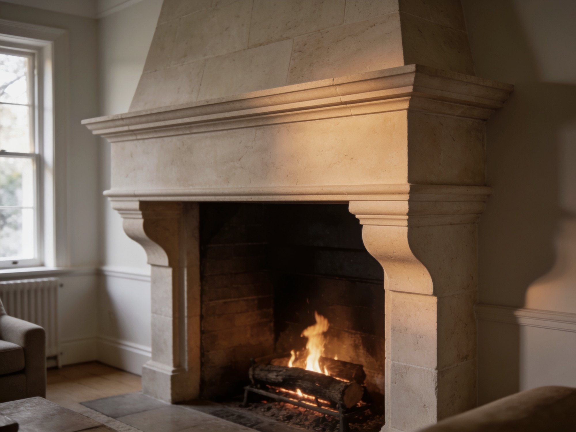 A carved limestone fireplace with a fire lit in the hearth